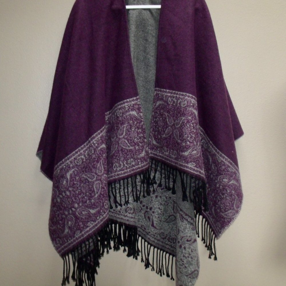 Burgundy Purple Soft Fleecy Fringed Open Shawl Jacket